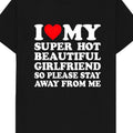 1pc Men'S Funny "I Love My Super Hot Girlfriend" Graphic T-Shirt - 100% Black Tee with White Text & Red Heart Design, Casual Round Neck Short Sleeve, Regular Fit Boyfriend/Girlfriend Appreciation Gift for Couples, Playful Matching Outfits for Valent
