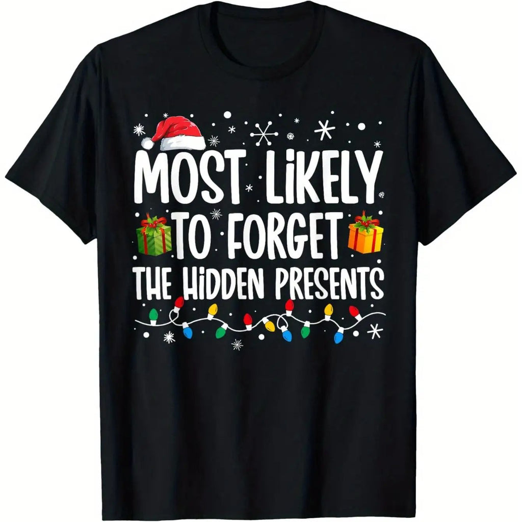 180gsm Heavyweight Christmas Family Matching T-Shirts - "Most Likely to Forget the Hidden Presents" Funny Holiday Party Outfits with Snowflakes, Candy Canes & Gifts Design - Unisex Adult Loose Fit Short Sleeve Crew Neck Shirts for Group Events