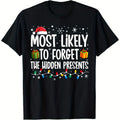 180gsm Heavyweight Christmas Family Matching T-Shirts - "Most Likely to Forget the Hidden Presents" Funny Holiday Party Outfits with Snowflakes, Candy Canes & Gifts Design - Unisex Adult Loose Fit Short Sleeve Crew Neck Shirts for Group Events