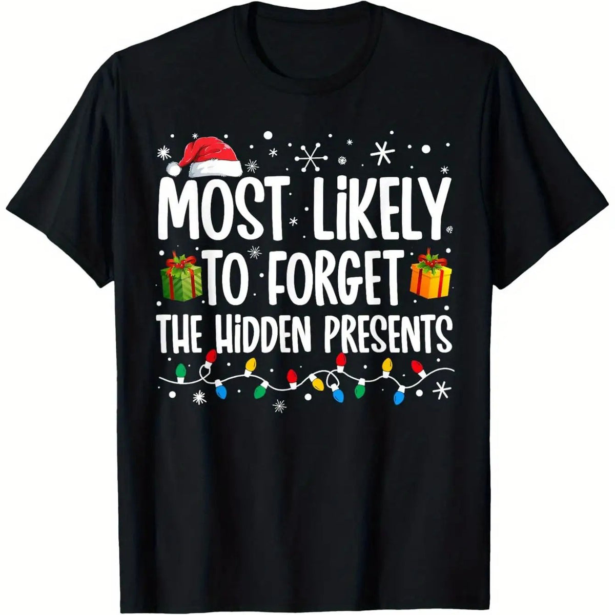 180gsm Heavyweight Christmas Family Matching T-Shirts - "Most Likely to Forget the Hidden Presents" Funny Holiday Party Outfits with Snowflakes, Candy Canes & Gifts Design - Unisex Adult Loose Fit Short Sleeve Crew Neck Shirts for Group Events