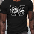 T-shirt Décontracté pour Homme à Col Rond avec Imprimé Graphique de M et Mustangs - Tricot en Polyester 100%, Légèrement Extensible, Coupe Standard, Haut Léger 150g/m² pour Tenue Quotidienne
