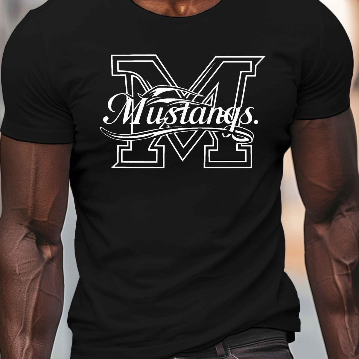 T-shirt Décontracté pour Homme à Col Rond avec Imprimé Graphique de M et Mustangs - Tricot en Polyester 100%, Légèrement Extensible, Coupe Standard, Haut Léger 150g/m² pour Tenue Quotidienne