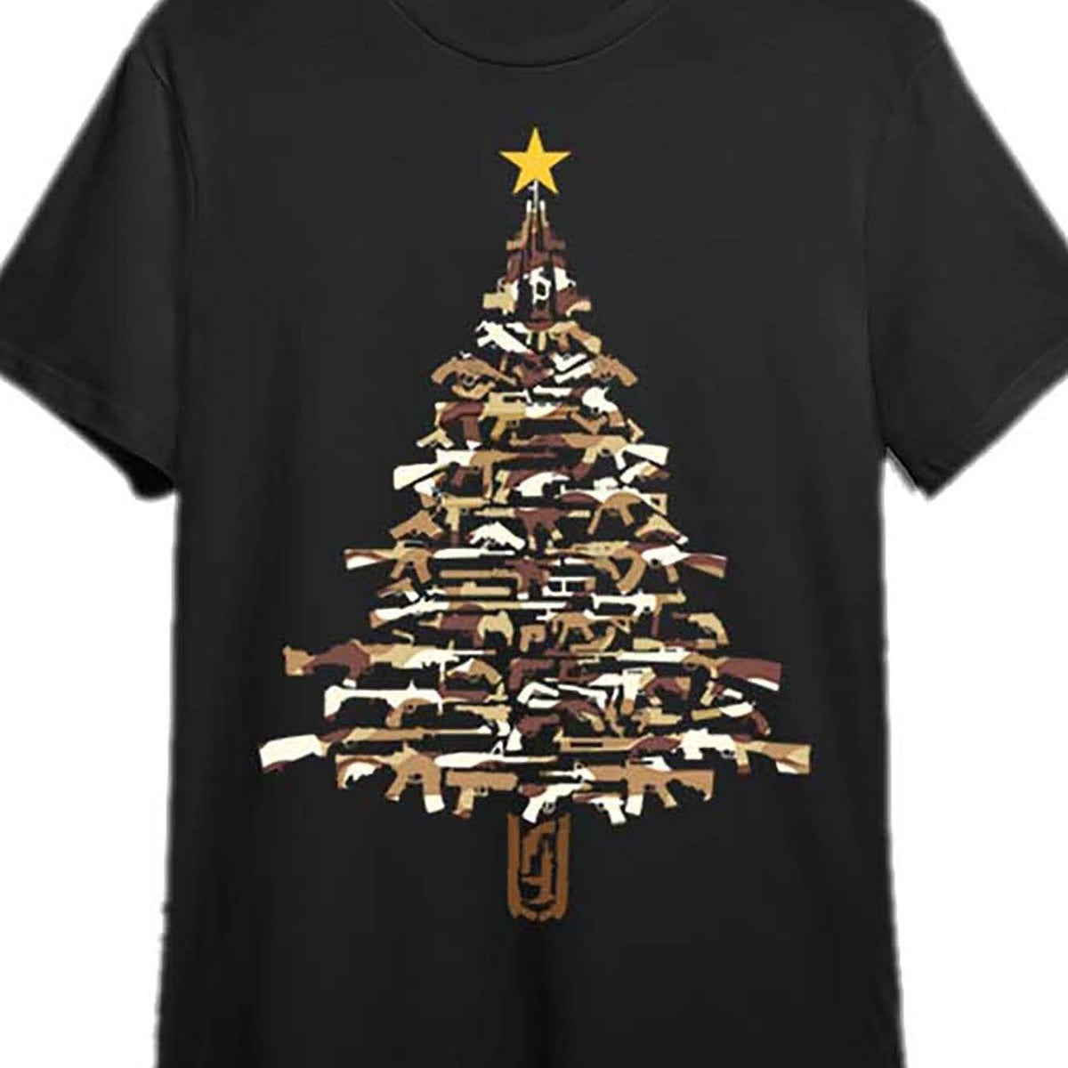 Men'S Camo Christmas Tree Gun Print T-Shirt | Soft Stretchy Fabric, All-Season Casual Crew Neck Tee, Unique Gun and Star Design, Black Camouflage Graphic, Ideal for Outdoor Activities, Hiking, Gym, Year-Round Wear, Durable Construction