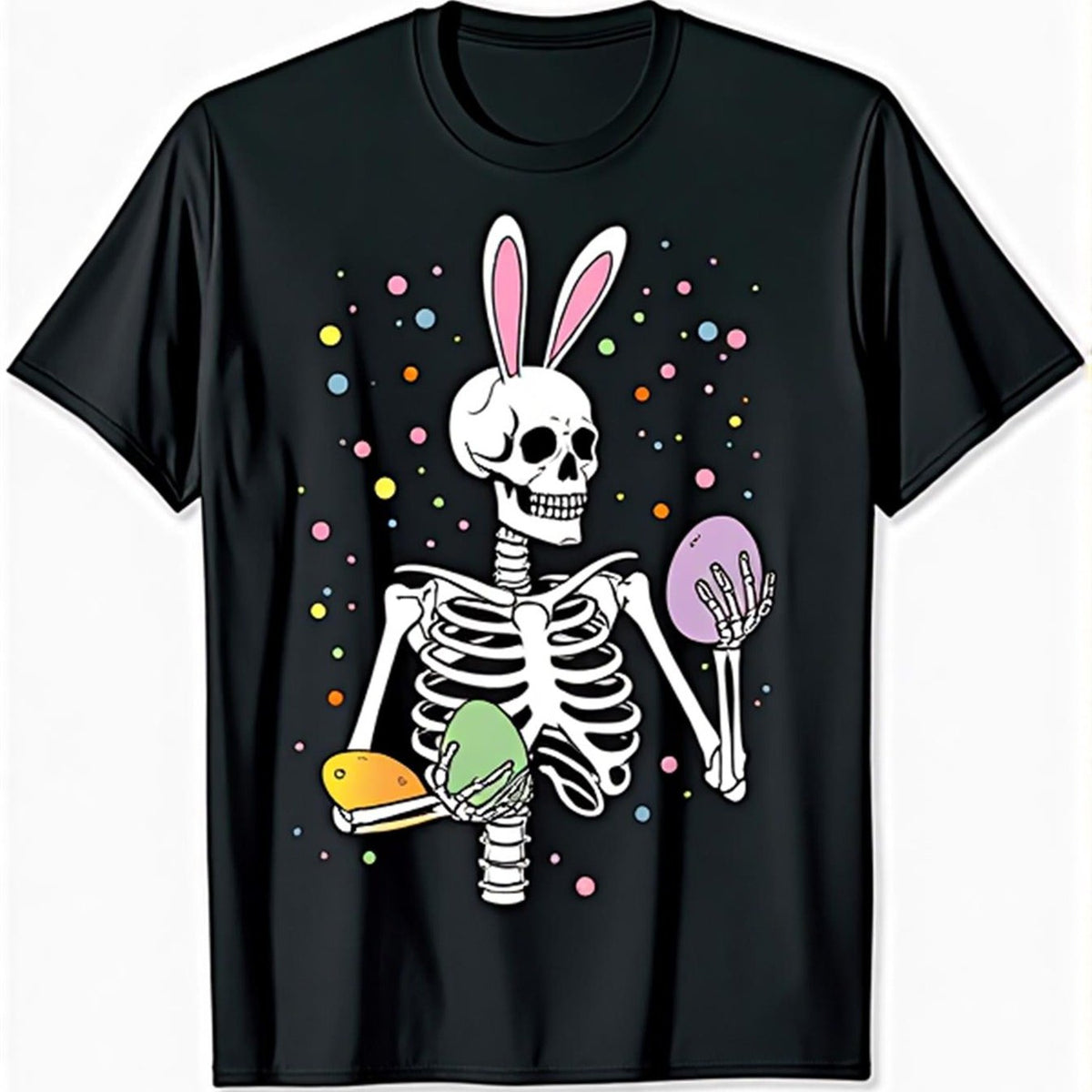 Easter Skeleton Bunny Rock Hand Rocker Graphic T-Shirt -% Casual Short Sleeve Round Neck Tee with Dancing Skeleton Rabbit & Easter Eggs Design, Funny Novelty Men, Women, Teens - Halloween,, Valent Gifts