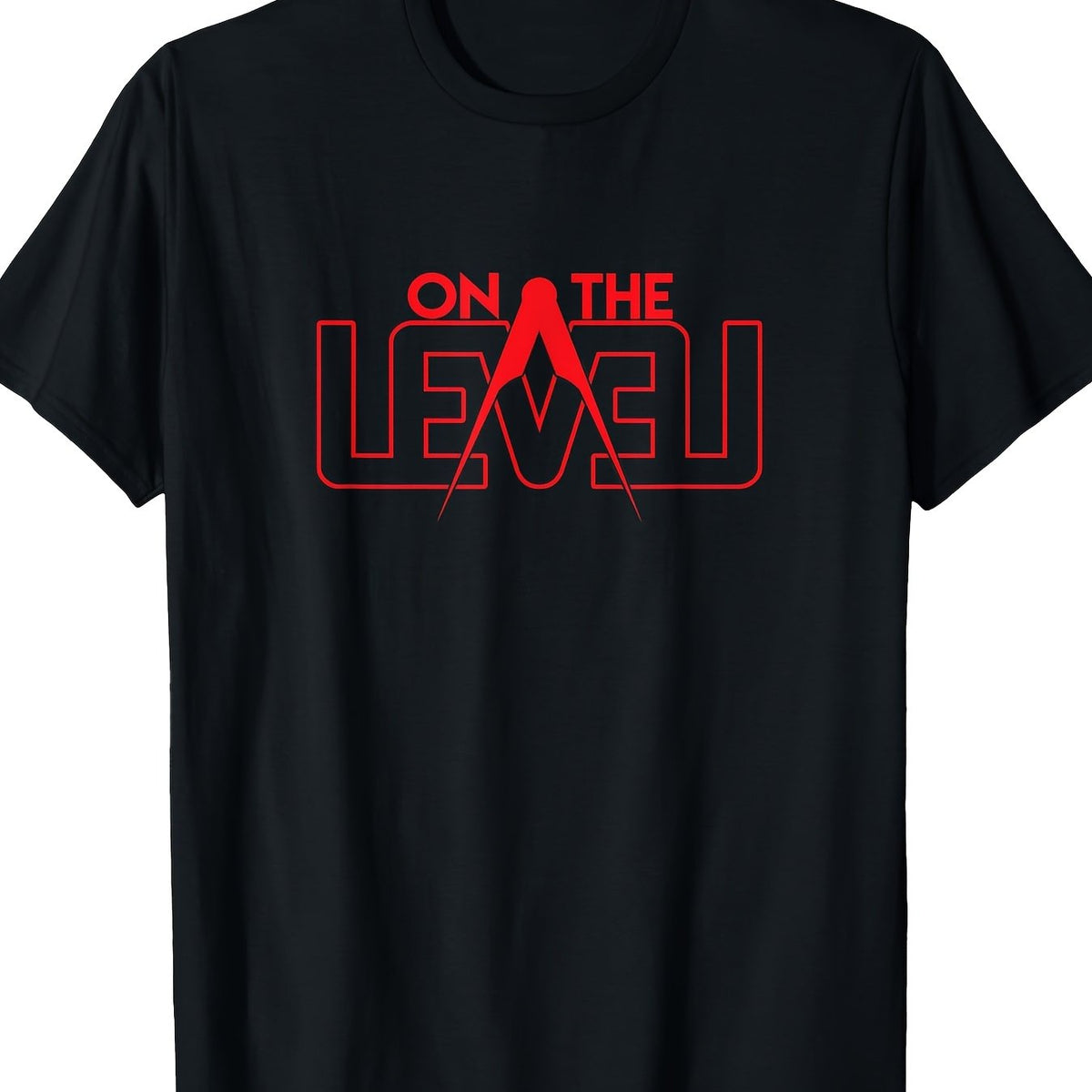 100% Cotton On The Level Masonic Logo Graphic T-Shirt - Black with Red Geometric Design, Lightweight 180g, Short Sleeve, Round Neck, Casual Wear for Adults, Cotton T Shirts