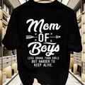 Women's Funny Mom of Boys Saying T-Shirt - "Less Drama Than Girls, Mostly Alive" Mother's Day Gift Idea - Soft Black Shirt with Arrow Graphic - Comfort Fit Everyday Tee for Moms of Boys - Machine Washable Casual Top