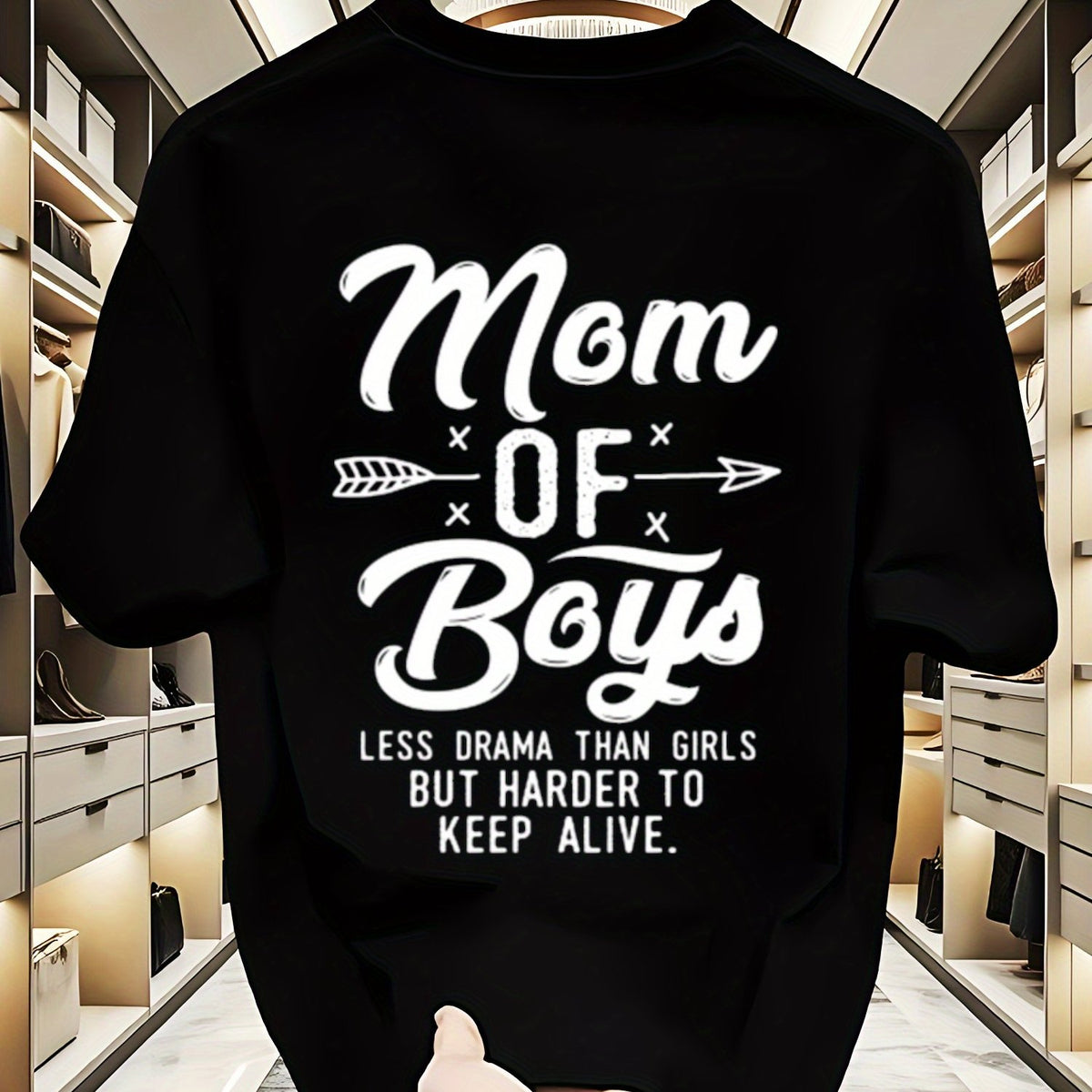 Women's Funny Mom of Boys Saying T-Shirt - "Less Drama Than Girls, Mostly Alive" Mother's Day Gift Idea - Soft Black Shirt with Arrow Graphic - Comfort Fit Everyday Tee for Moms of Boys - Machine Washable Casual Top