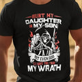 Men's Graphic Print T-Shirt - "Hurt My Daughter or My Son" Skeleton Design, Casual Short Sleeve Plus Size Tee, Black with Red & White Text, Summer Edgy Style