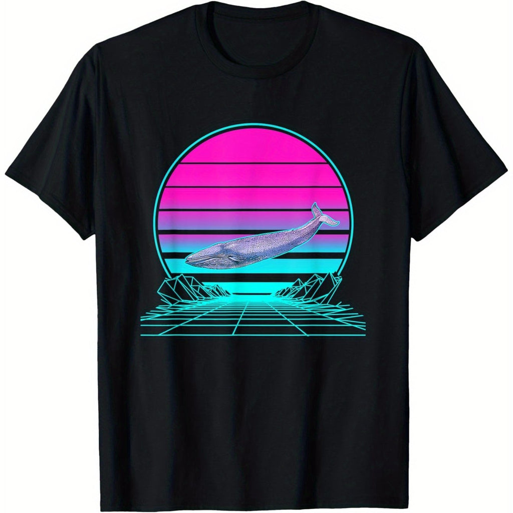 Men's 180g Heavyweight Cotton Vintage Retro Sunset Blue Whale Graphic T-Shirt - Breathable Sweat-Wicking Black Tee with Neon Pink & Cyan Stripes, Machine Washable for Casual Sports & Casual Attire, Classic Crew Neck, Comfortable Fit Shirt