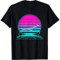 Men's 180g Heavyweight Cotton Vintage Retro Sunset Blue Whale Graphic T-Shirt - Breathable Sweat-Wicking Black Tee with Neon Pink & Cyan Stripes, Machine Washable for Casual Sports & Casual Attire, Classic Crew Neck, Comfortable Fit Shirt