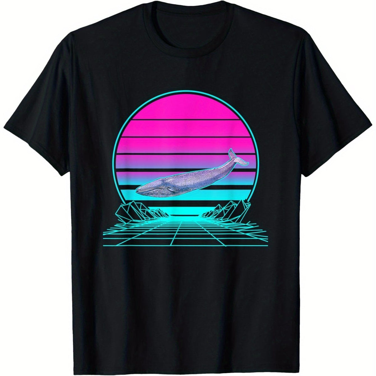 Men's 180g Heavyweight Cotton Vintage Retro Sunset Blue Whale Graphic T-Shirt - Breathable Sweat-Wicking Black Tee with Neon Pink & Cyan Stripes, Machine Washable for Casual Sports & Casual Attire, Classic Crew Neck, Comfortable Fit Shirt