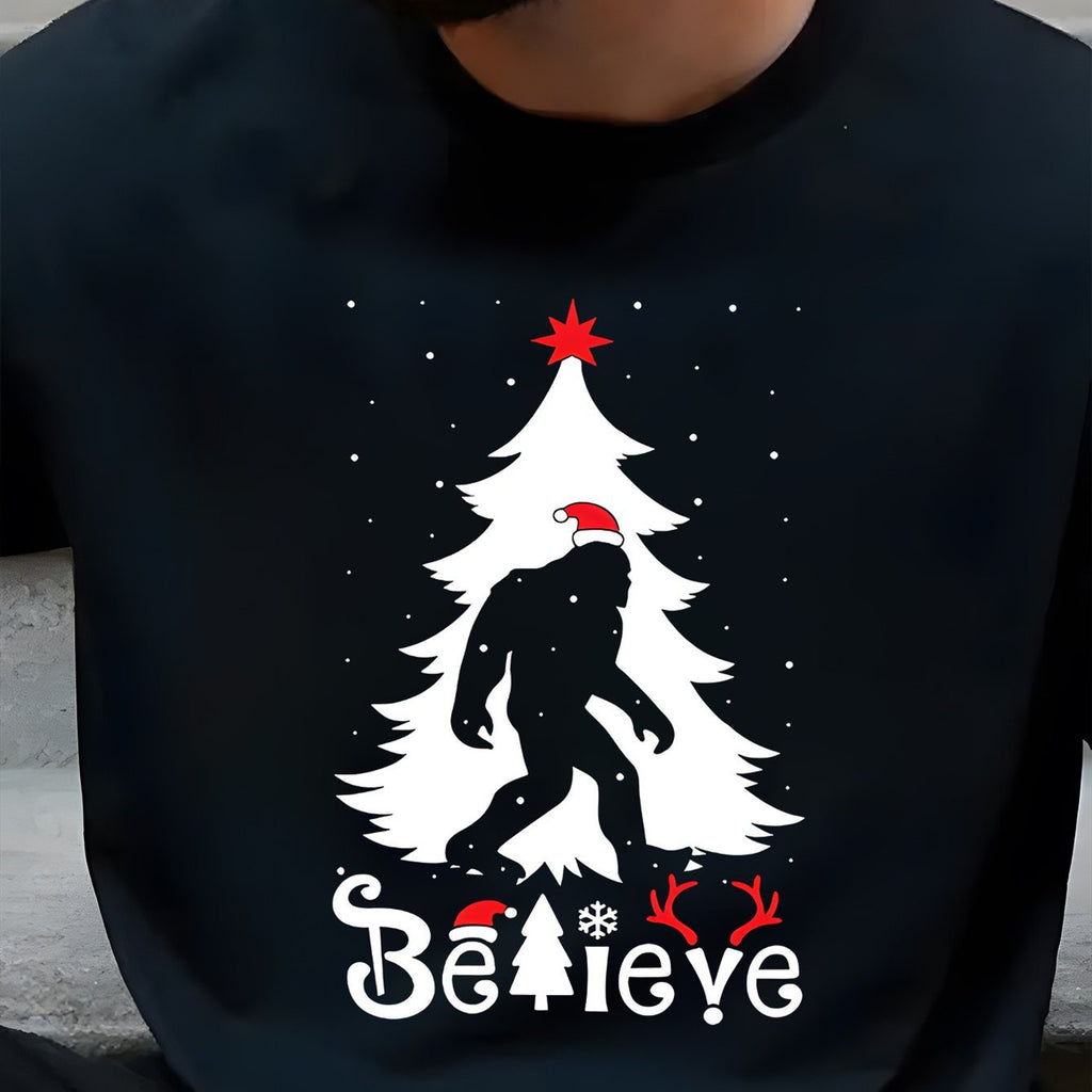 1pc Festive Sasquatch Christmas T-Shirt - 100% Cotton, Crew Neck, Short Sleeve, Black with Holiday Design, Casual & Trendy for Men, All-Season Wear