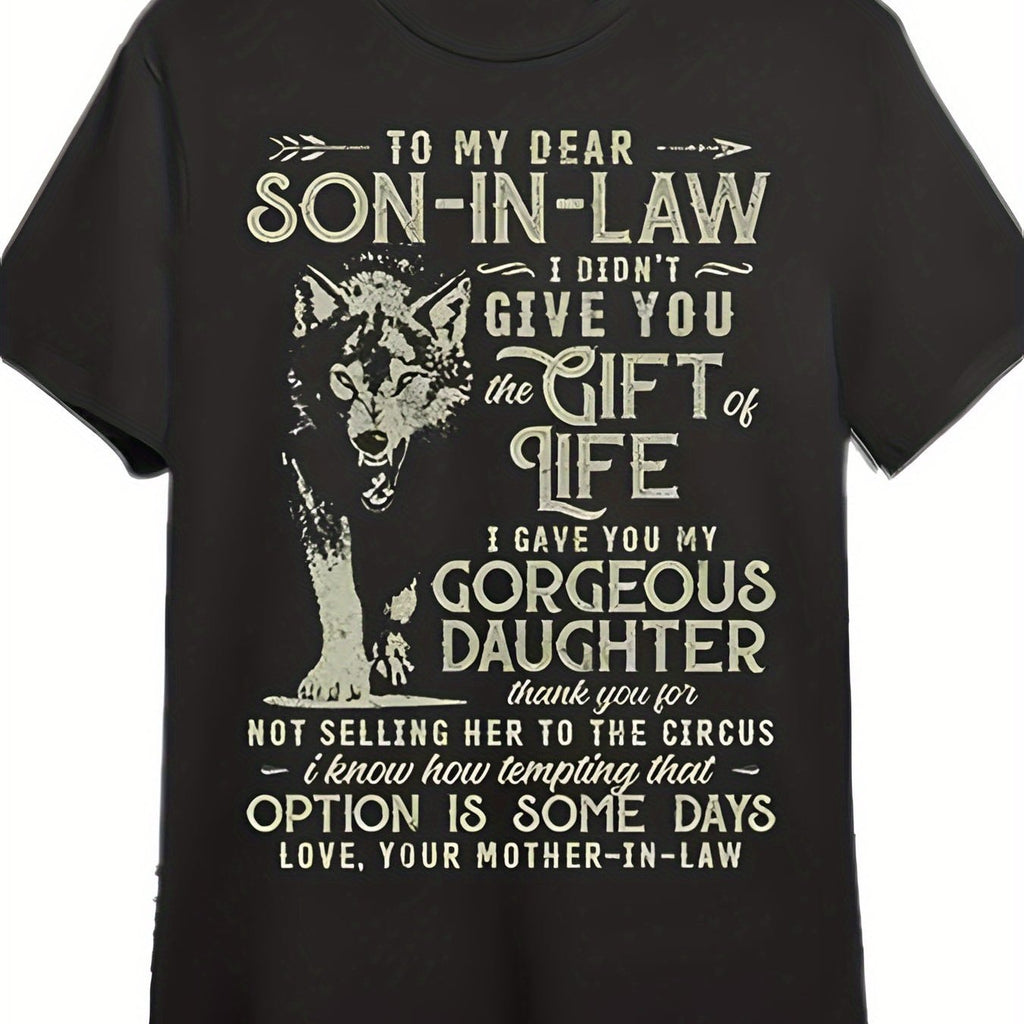 Funny Son-in-Law T-Shirt Gift for Mother-in-Law - Vintage Wolf & Humorous Message 100% Black Distressed Retro Unisex Tee, Casual Crew Neck Short Sleeve Shirt for Men &