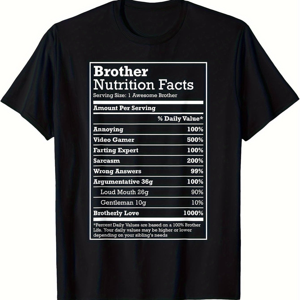 Funny Brother Nutrition Facts Parody T-Shirt - Soft & Breathable 100% Cotton Black Tee - Gamer Humor Apparel for Brothers - Birthday/Christmas Gift for Gamers - Machine Washable Casual Shirt, Gamer Clothing, Playful Graphic Tee, Comfortable Fit