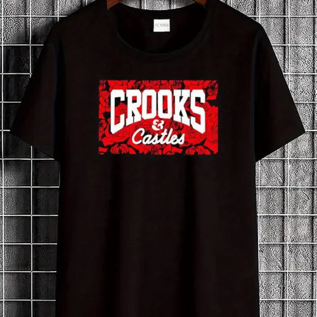 Crooks Castles Unisex Rose Logo T-Shirt | Black with Red and White Letters, Fabric, Street Style