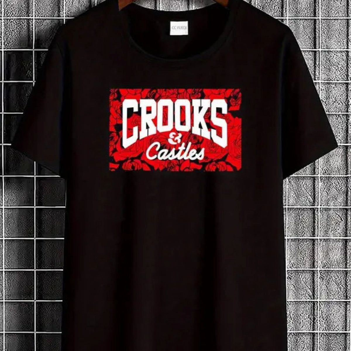 Crooks Castles Unisex Rose Logo T-Shirt | Black with Red and White Letters, Fabric, Street Style
