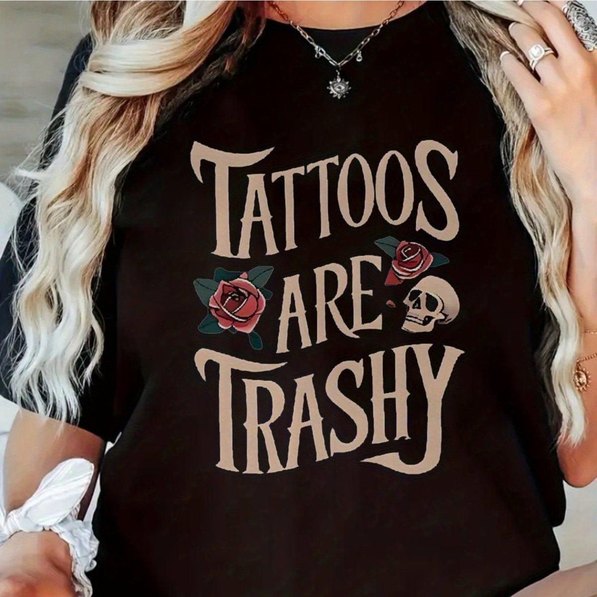 Men'S Oversized Retro Graphic T-Shirt - Bold "Tattoos Are Trashy" Slogan with Roses & Skulls Print, Loose Fit Stretch Knit Fabric, Round Neck Short Sleeve Casual Streetwear Top for Summer & Year-Round Edgy Style () - Durable Hot Transfer Printing De