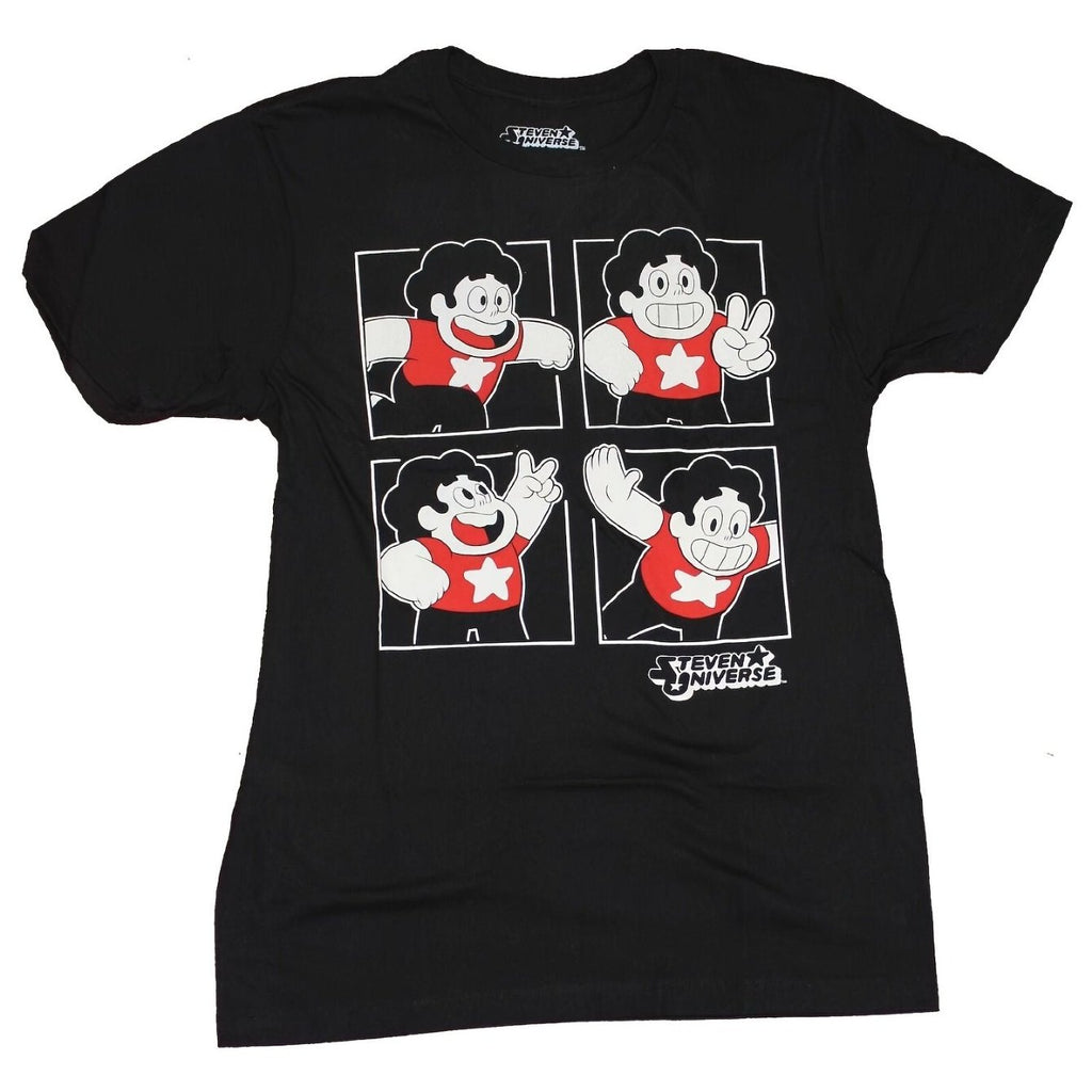 Steven Universe Men's Retro 4-Panel Steven Character & Star Emblem T-Shirt - Black with Iconic Steven, Greg, Connie & Amethyst Poses, Soft Loose Fit Short Sleeve Tee, Durable Heat Transfer Print for Fans