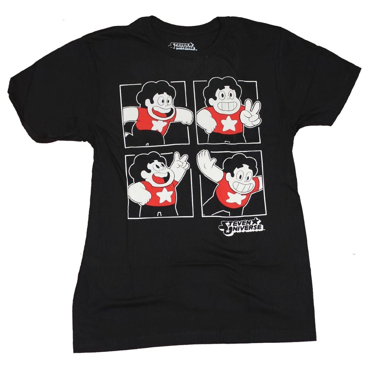 Steven Universe Men's Retro 4-Panel Steven Character & Star Emblem T-Shirt - Black with Iconic Steven, Greg, Connie & Amethyst Poses, Soft Loose Fit Short Sleeve Tee, Durable Heat Transfer Print for Fans