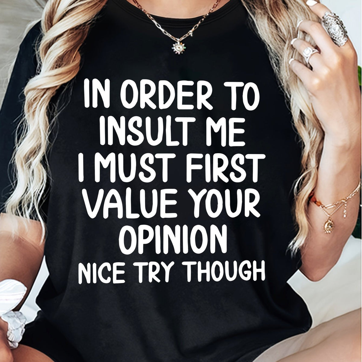 Women's Black Crew Neck T-Shirt - Funny Sarcastic Quote Top, Lightweight Everyday Casual Shirt for Women, Machine Washable Summer Outfits, Relaxed Fit, Statement Tee, Breathable Fabric, Short Sleeve Tee, Humor Lovers