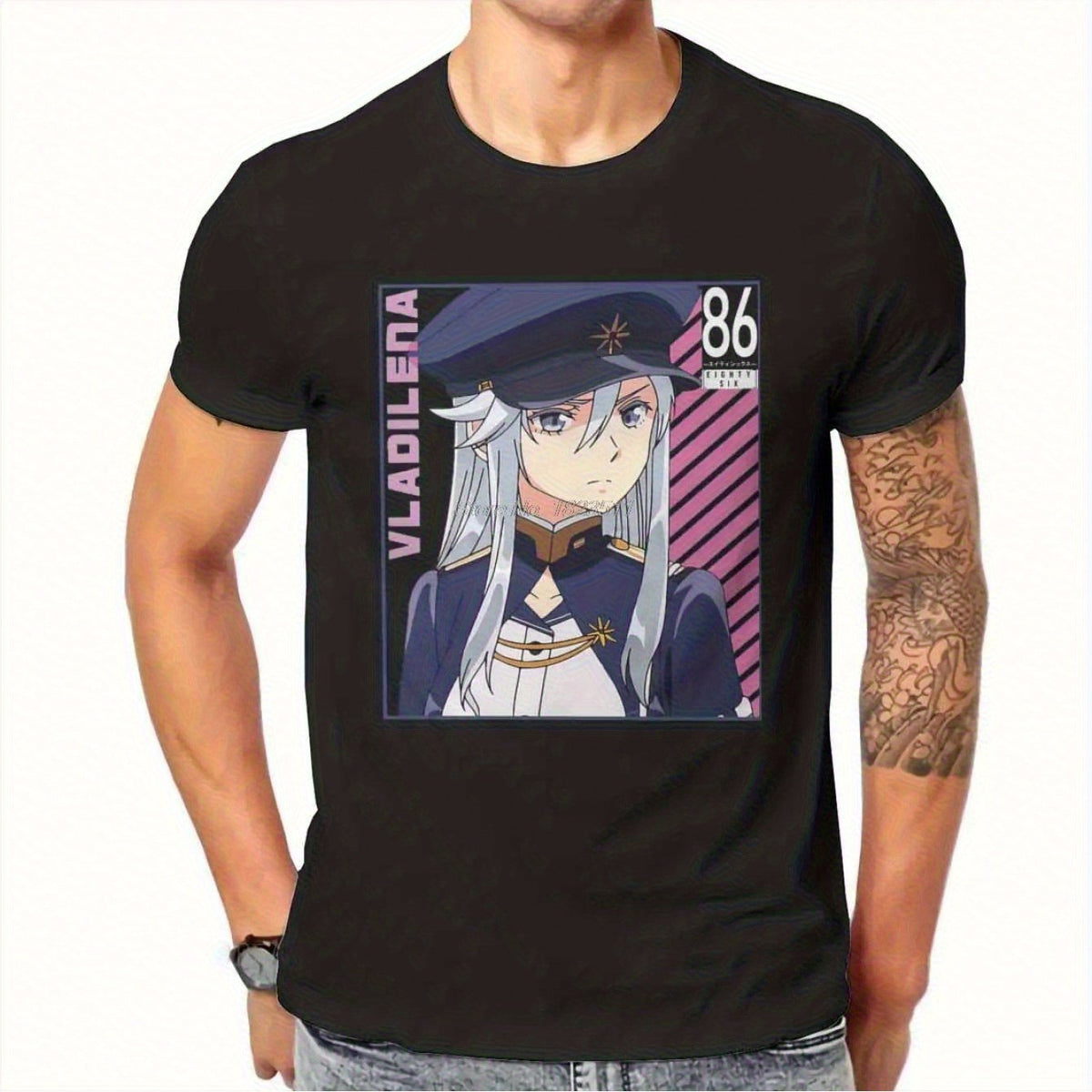 Men's 86 Eighty Six Anime Graphic T-Shirt - Vladilena Milize & Shinei Heat Transfer Printed Design, Loose Fit Crew Neck Harajuku Streetwear, Navy Military Uniform Art, All-Season Casual & Sports Wear, Comfortable Anime Fan Apparel