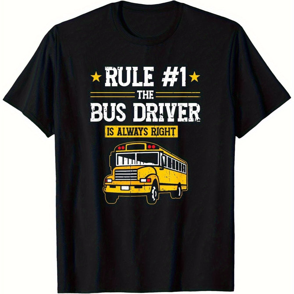 Funny School Bus Driver T-Shirt - Rules #1 School Bus Driver Is Always Right Graphic Tee, Heavy Machinery Warning Style with Yellow Print, 100% Cotton Casual Shirt for Men & Women (S-XXXL), Bus Driver Gift